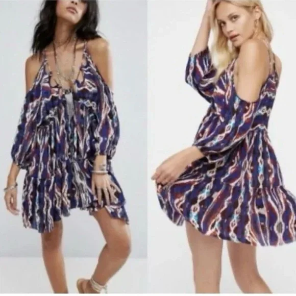Free People One Monarch Multi Mini Dress SZ S Boho Hipster Vacay Flowy Flouncy - Picture 1 of 13
